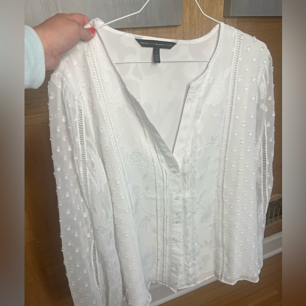 WHBM — Size Large - White Floral Print Button Down Collarless Shirt